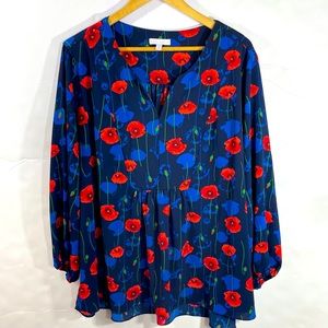Blue & Red Poppy Floral Blouse 3X